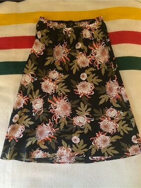 Floral Midi Skirt - Black w/ Coral, Olive & White Chrysanthemum pattern